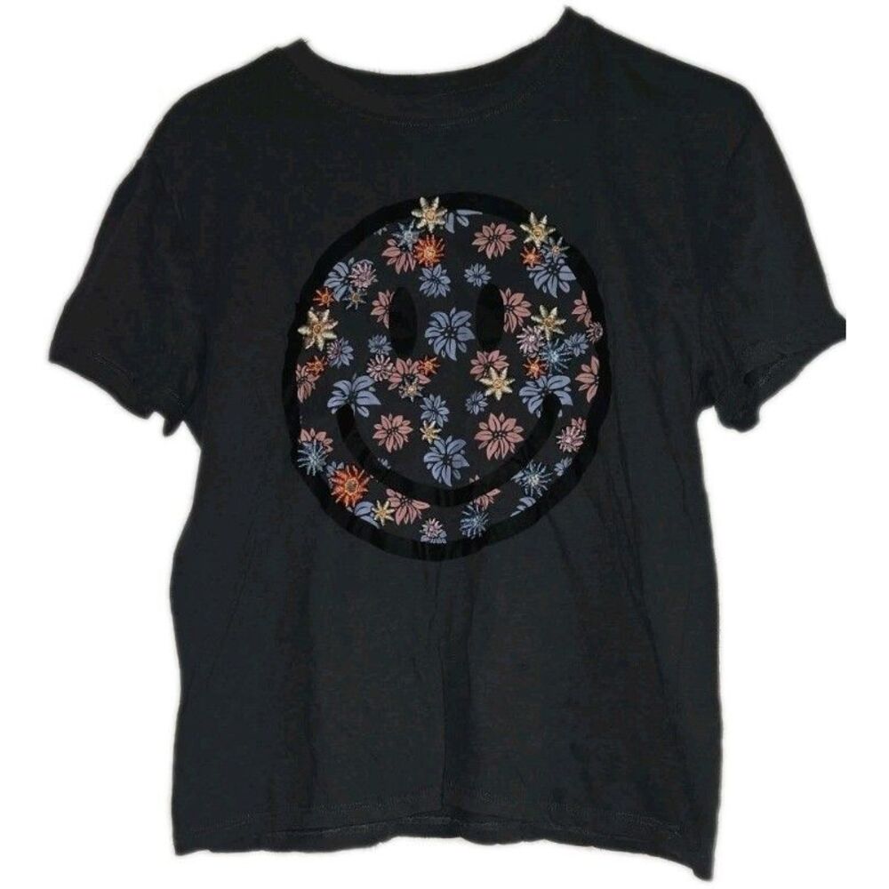 Freeze Embroidered Gray Floral Smiley Face Crew Neck Pullover T-Shirt Womens XS